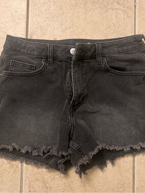 Black Denim Shorts with Frayed Hem